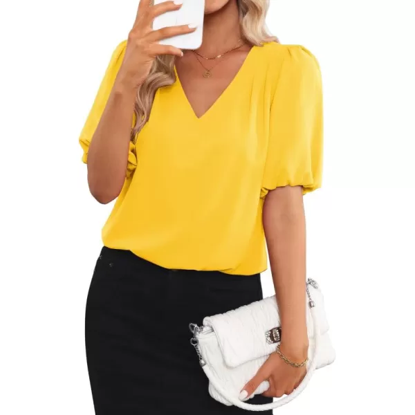GRAPENT Business Casual Tops for Women Work Blouses Dressy Short Puff Sleeve Office Pleated V Neck Trendy Summer BlouseCyber Yellow