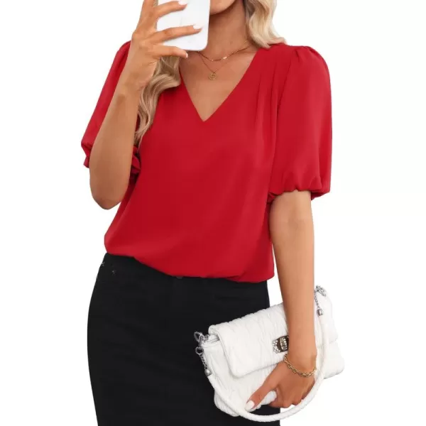 GRAPENT Business Casual Tops for Women Work Blouses Dressy Short Puff Sleeve Office Pleated V Neck Trendy Summer BlouseTrue Red