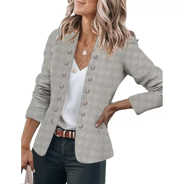 GRAPENT Womens Business Casual Buttons Pockets Open Front Blazer Suit CardiganPlaid