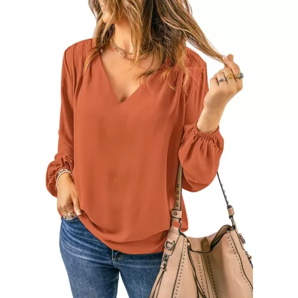 GRAPENT Womens Business Causal Tops for Women Ladies Work Blouses Dressy Long Sleeve Pleated V NeckBurnt Orange