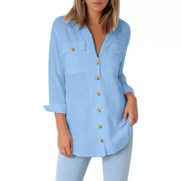 GRAPENT Womens Casual Loose Rollup Sleeve Blouse Pockets Button Down Shirts TopsBlue