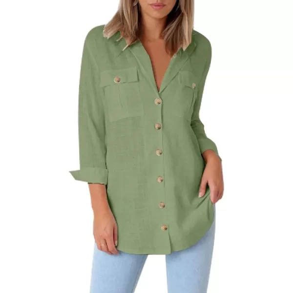 GRAPENT Womens Casual Loose Rollup Sleeve Blouse Pockets Button Down Shirts TopsJade Green
