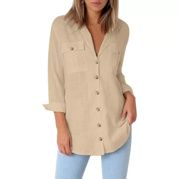 GRAPENT Womens Casual Loose Rollup Sleeve Blouse Pockets Button Down Shirts TopsKhaki