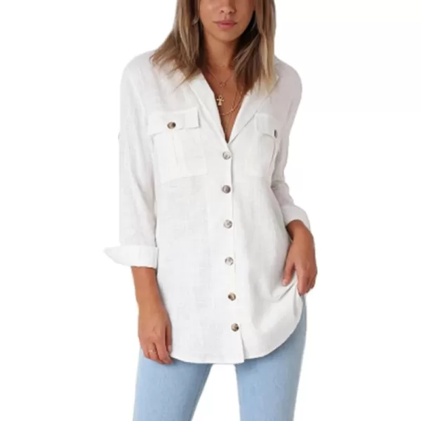 GRAPENT Womens Casual Loose Rollup Sleeve Blouse Pockets Button Down Shirts TopsWhite