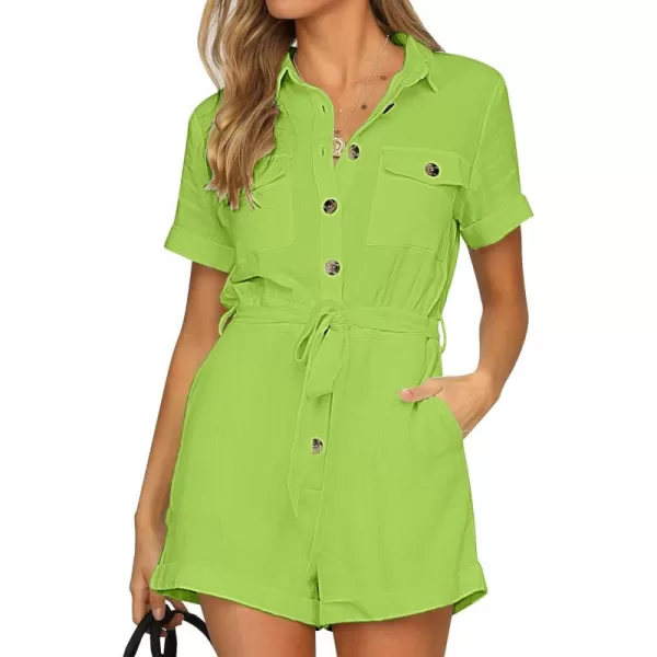 GRAPENT Womens Summer Short Sleeve Button Down Pockets Belted Jumpsuits RompersBright Lime Green