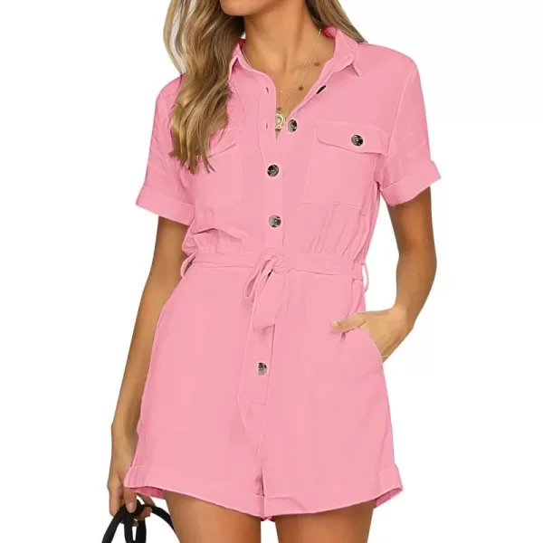 GRAPENT Womens Summer Short Sleeve Button Down Pockets Belted Jumpsuits RompersCandy Pink