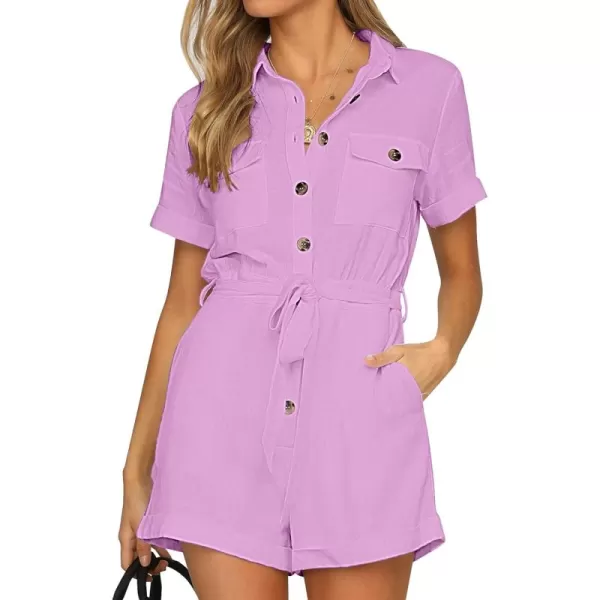 GRAPENT Womens Summer Short Sleeve Button Down Pockets Belted Jumpsuits RompersLavendula