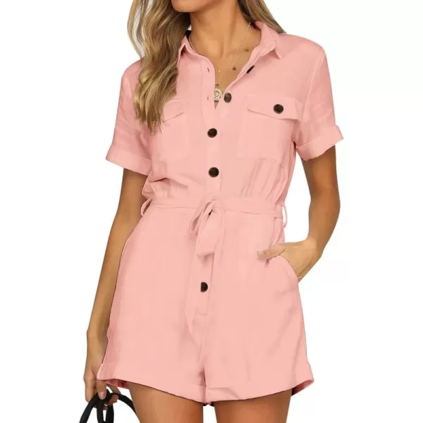 GRAPENT Womens Summer Short Sleeve Button Down Pockets Belted Jumpsuits RompersSeashell Pink