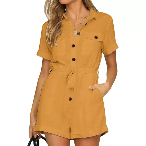 GRAPENT Womens Summer Short Sleeve Button Down Pockets Belted Jumpsuits RompersSunflower