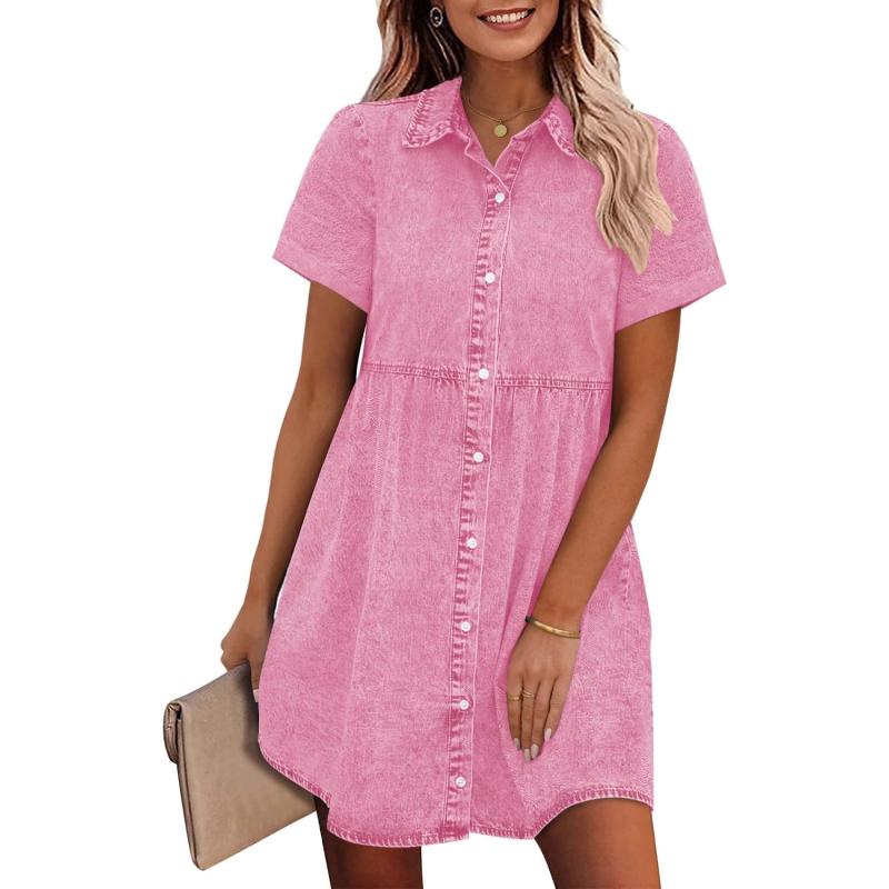 imageGRAPENT Denim Dress for Women Babydoll Tiered Short Sleeve Button Down Jean Shirt DressesAurora Pink