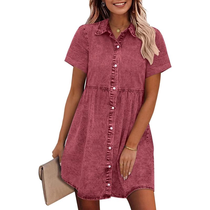 imageGRAPENT Denim Dress for Women Babydoll Tiered Short Sleeve Button Down Jean Shirt DressesBaroque Rose