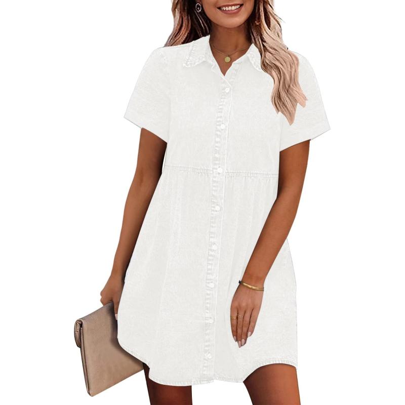 imageGRAPENT Denim Dress for Women Babydoll Tiered Short Sleeve Button Down Jean Shirt DressesBrilliant White