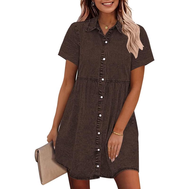 imageGRAPENT Denim Dress for Women Babydoll Tiered Short Sleeve Button Down Jean Shirt DressesCocoa Brown
