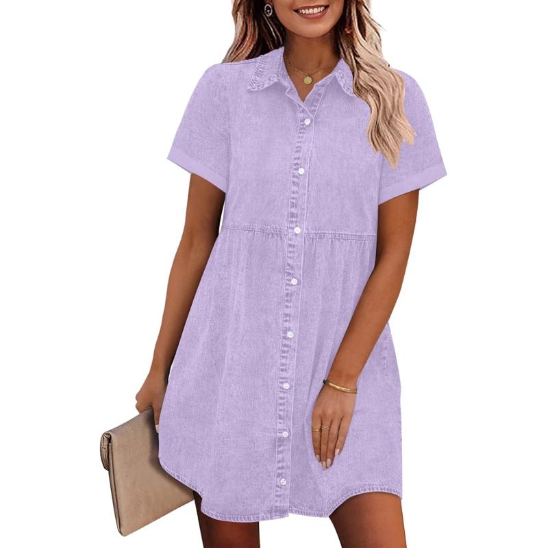imageGRAPENT Denim Dress for Women Babydoll Tiered Short Sleeve Button Down Jean Shirt DressesDigital Lavender