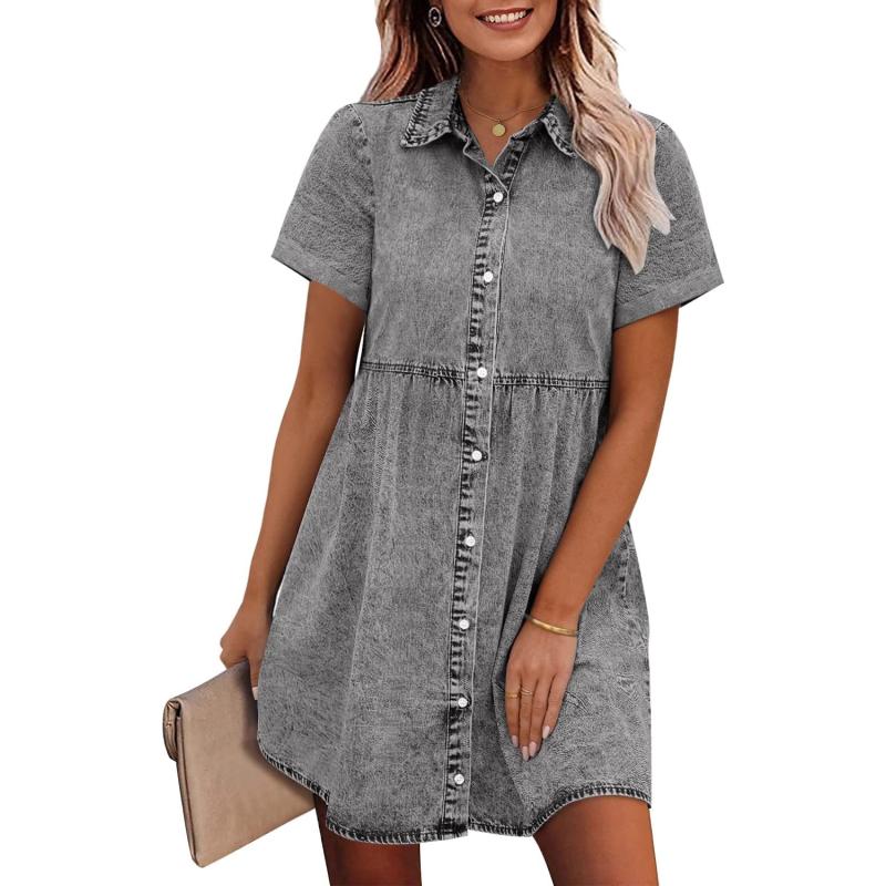 imageGRAPENT Denim Dress for Women Babydoll Tiered Short Sleeve Button Down Jean Shirt DressesFoxy Grey