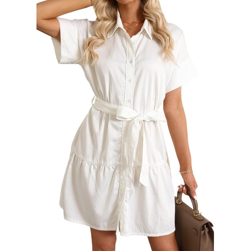 imageGRAPENT Denim Dress for Women Summer Button Down Belted Short Dresses Flowy Western Casual Jean DressBrilliant White