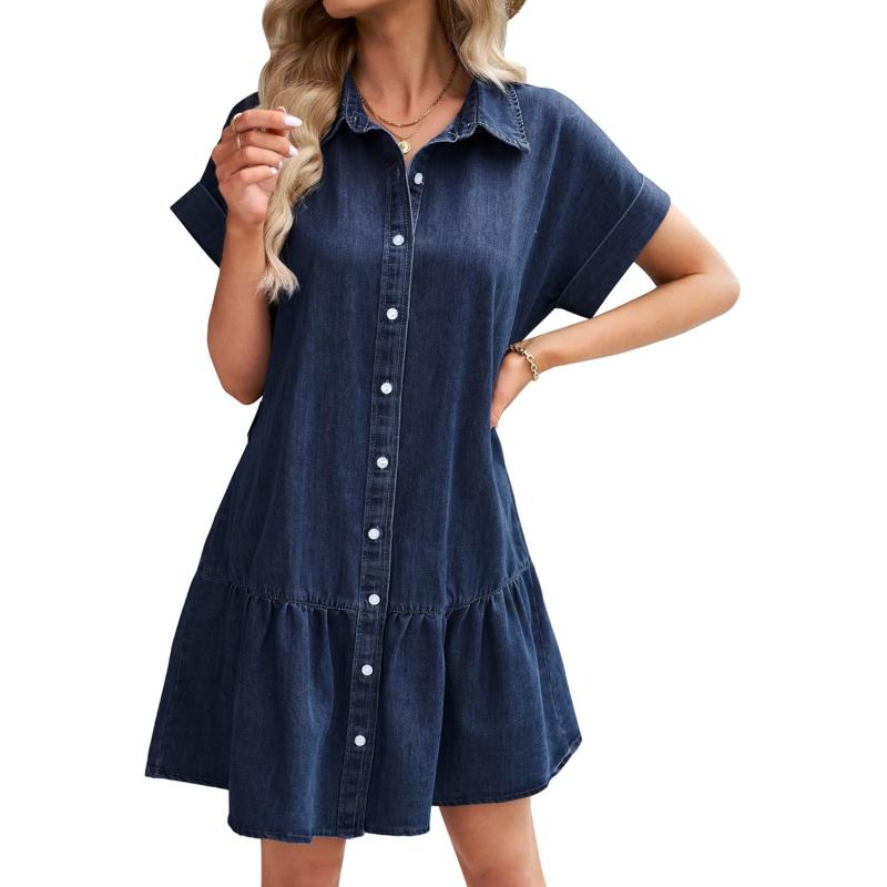 imageGRAPENT Denim Dress for Women Summer Button Down Belted Short Dresses Flowy Western Casual Jean DressLapis Longing