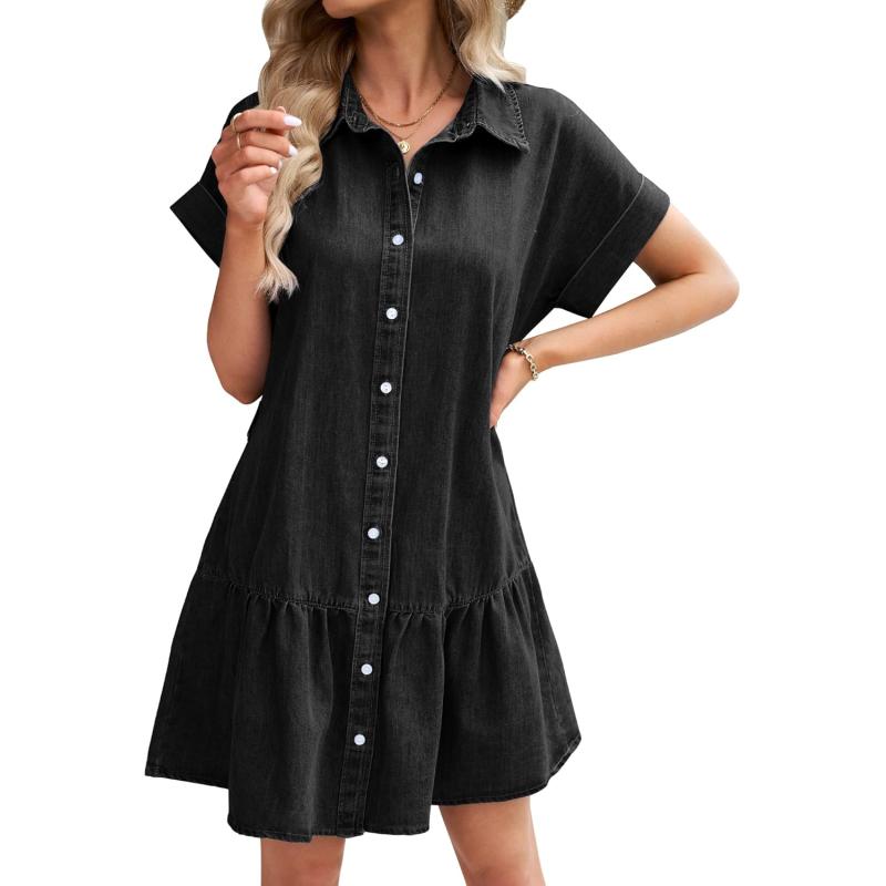 imageGRAPENT Denim Dress for Women Summer Button Down Belted Short Dresses Flowy Western Casual Jean DressSoft Black