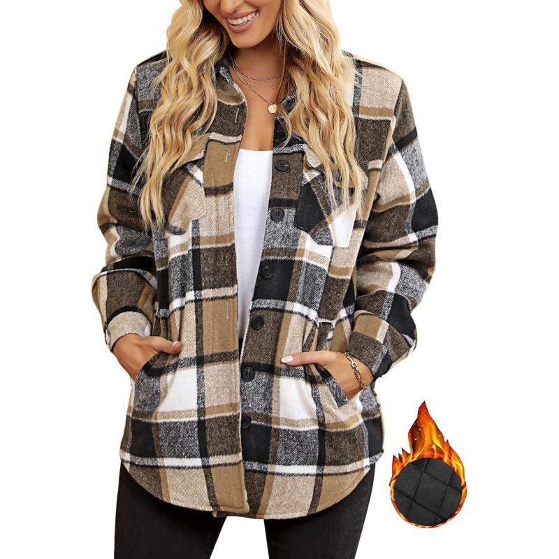 imageGRAPENT Womens Oversized Plaid Button Down Shirt Quilted Lined Shacket JacketAbrown Plaidquilted Lined