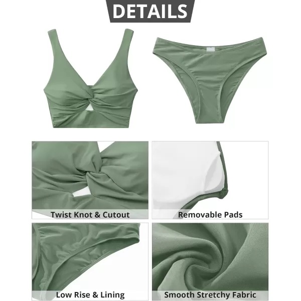 GRAPENT Bikini Sets for Women Cropped Tankini Padded Knot Twist Cut Out Low Waist Two Piece Swimsuit Beach Bathing SuitsArmy Green