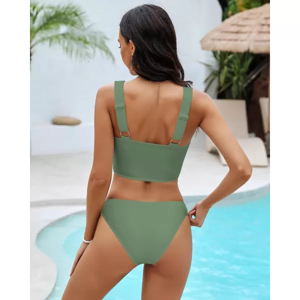 GRAPENT Bikini Sets for Women Cropped Tankini Padded Knot Twist Cut Out Low Waist Two Piece Swimsuit Beach Bathing SuitsArmy Green