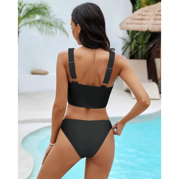GRAPENT Bikini Sets for Women Cropped Tankini Padded Knot Twist Cut Out Low Waist Two Piece Swimsuit Beach Bathing SuitsBlack