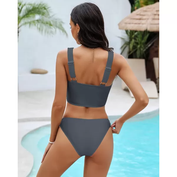 GRAPENT Bikini Sets for Women Cropped Tankini Padded Knot Twist Cut Out Low Waist Two Piece Swimsuit Beach Bathing SuitsDark Gray