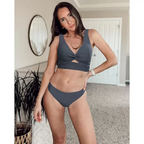 GRAPENT Bikini Sets for Women Cropped Tankini Padded Knot Twist Cut Out Low Waist Two Piece Swimsuit Beach Bathing SuitsDark Gray