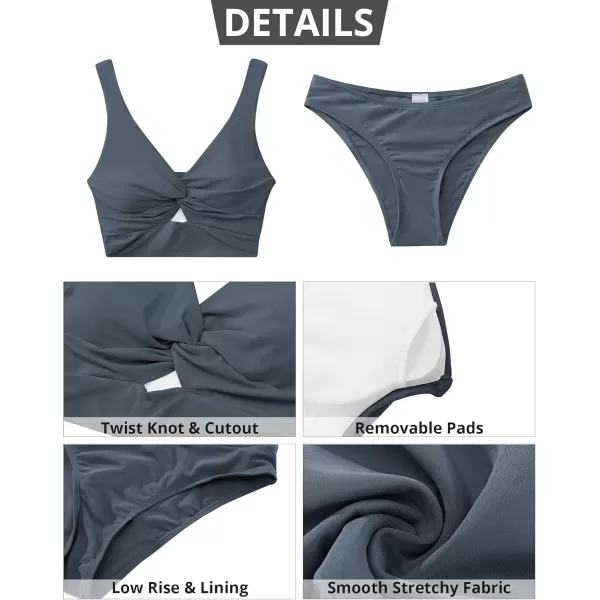 GRAPENT Bikini Sets for Women Cropped Tankini Padded Knot Twist Cut Out Low Waist Two Piece Swimsuit Beach Bathing SuitsDark Gray