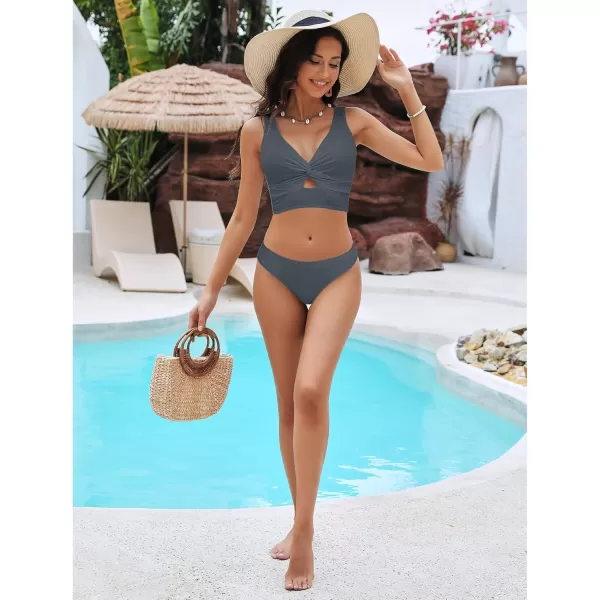 GRAPENT Bikini Sets for Women Cropped Tankini Padded Knot Twist Cut Out Low Waist Two Piece Swimsuit Beach Bathing SuitsDark Gray