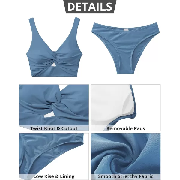 GRAPENT Bikini Sets for Women Cropped Tankini Padded Knot Twist Cut Out Low Waist Two Piece Swimsuit Beach Bathing SuitsGray Blue