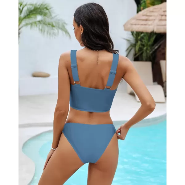GRAPENT Bikini Sets for Women Cropped Tankini Padded Knot Twist Cut Out Low Waist Two Piece Swimsuit Beach Bathing SuitsGray Blue