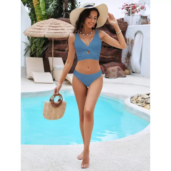 GRAPENT Bikini Sets for Women Cropped Tankini Padded Knot Twist Cut Out Low Waist Two Piece Swimsuit Beach Bathing SuitsGray Blue