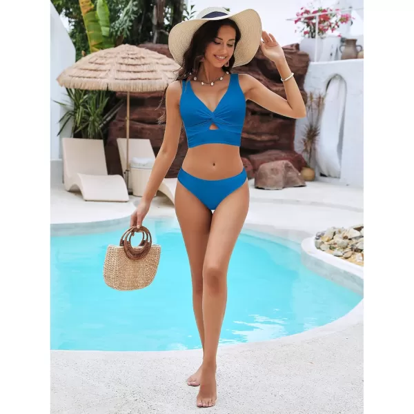 GRAPENT Bikini Sets for Women Cropped Tankini Padded Knot Twist Cut Out Low Waist Two Piece Swimsuit Beach Bathing SuitsMykonos Blue
