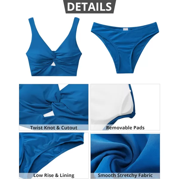 GRAPENT Bikini Sets for Women Cropped Tankini Padded Knot Twist Cut Out Low Waist Two Piece Swimsuit Beach Bathing SuitsMykonos Blue