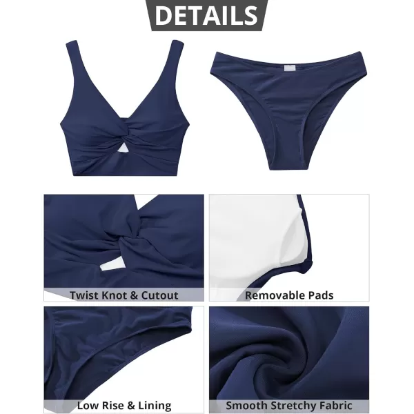 GRAPENT Bikini Sets for Women Cropped Tankini Padded Knot Twist Cut Out Low Waist Two Piece Swimsuit Beach Bathing SuitsNavy Blue