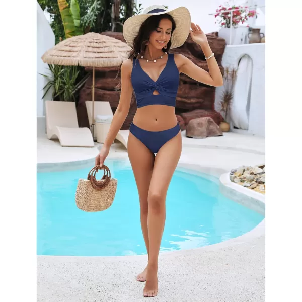 GRAPENT Bikini Sets for Women Cropped Tankini Padded Knot Twist Cut Out Low Waist Two Piece Swimsuit Beach Bathing SuitsNavy Blue