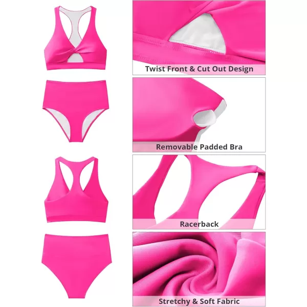 GRAPENT Bikini Sets for Women High Waisted Bathing Suits Cut Out 2 Pieces Swimsuits Beach Outfit Twist Swimming WearHot Pink