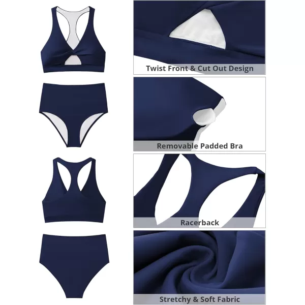 GRAPENT Bikini Sets for Women High Waisted Bathing Suits Cut Out 2 Pieces Swimsuits Beach Outfit Twist Swimming WearNavy Blue