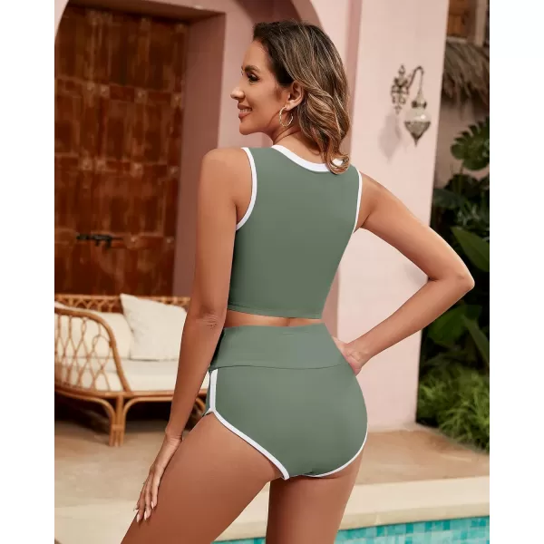 GRAPENT Bikini Sets for Women High Waisted Two Piece Bathing Suit Modest Swimsuits Full Coverage Beach Cropped TankiniArmy Green