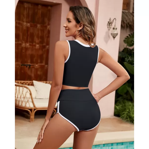 GRAPENT Bikini Sets for Women High Waisted Two Piece Bathing Suit Modest Swimsuits Full Coverage Beach Cropped TankiniBlack