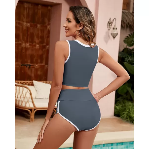 GRAPENT Bikini Sets for Women High Waisted Two Piece Bathing Suit Modest Swimsuits Full Coverage Beach Cropped TankiniDark Gray