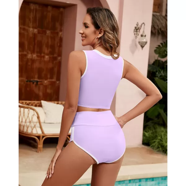 GRAPENT Bikini Sets for Women High Waisted Two Piece Bathing Suit Modest Swimsuits Full Coverage Beach Cropped TankiniLavender