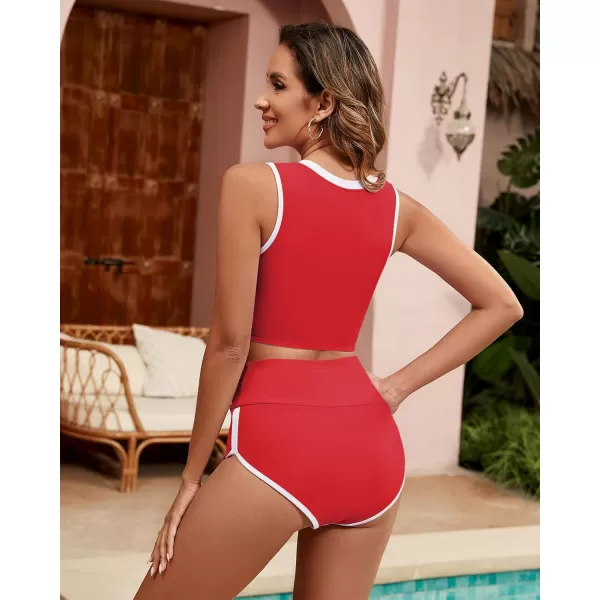 GRAPENT Bikini Sets for Women High Waisted Two Piece Bathing Suit Modest Swimsuits Full Coverage Beach Cropped TankiniRed