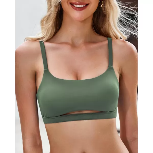 GRAPENT Bikini Tops for Women Cropped Tankini Tops Beach Padded Cut Out Adjustable Spaghetti Straps Swimwear Top OnlyArmy Green