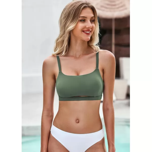 GRAPENT Bikini Tops for Women Cropped Tankini Tops Beach Padded Cut Out Adjustable Spaghetti Straps Swimwear Top OnlyArmy Green