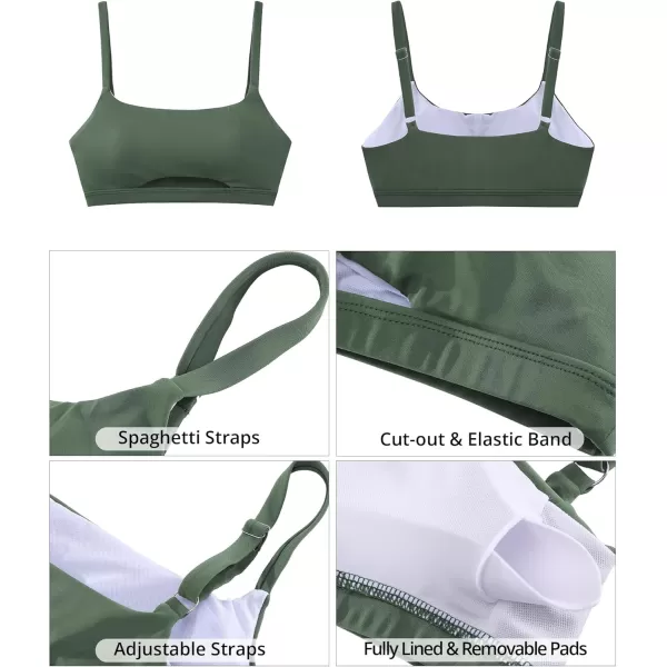 GRAPENT Bikini Tops for Women Cropped Tankini Tops Beach Padded Cut Out Adjustable Spaghetti Straps Swimwear Top OnlyArmy Green