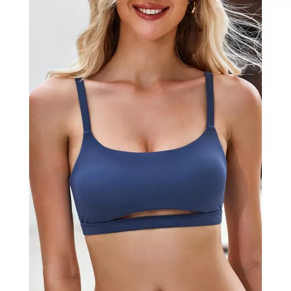 GRAPENT Bikini Tops for Women Cropped Tankini Tops Beach Padded Cut Out Adjustable Spaghetti Straps Swimwear Top OnlyGray Blue