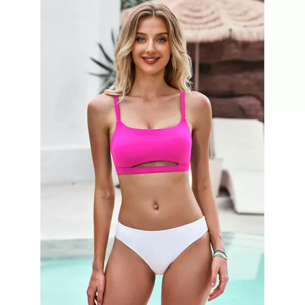 GRAPENT Bikini Tops for Women Cropped Tankini Tops Beach Padded Cut Out Adjustable Spaghetti Straps Swimwear Top OnlyNeon Pink