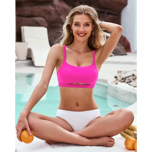 GRAPENT Bikini Tops for Women Cropped Tankini Tops Beach Padded Cut Out Adjustable Spaghetti Straps Swimwear Top OnlyNeon Pink